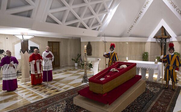POPE FRANCIS IN HIS COFFIN AT SANTA MARTA